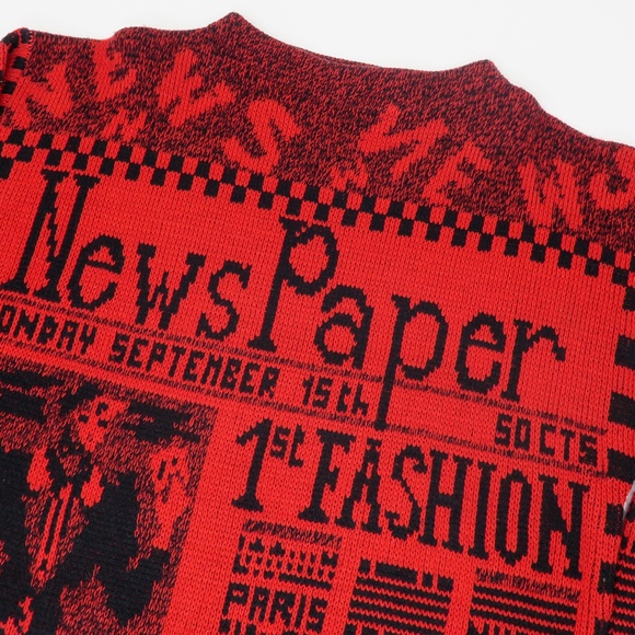 Vintage 80s Via l.A. Newspaper AOP Red Sweater - Picture 5 of 9